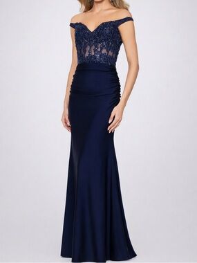 🆕✨Betsy & Adam Navy Off Shoulder Lace Corset Long Prom Dress A26276 Gown Size 6